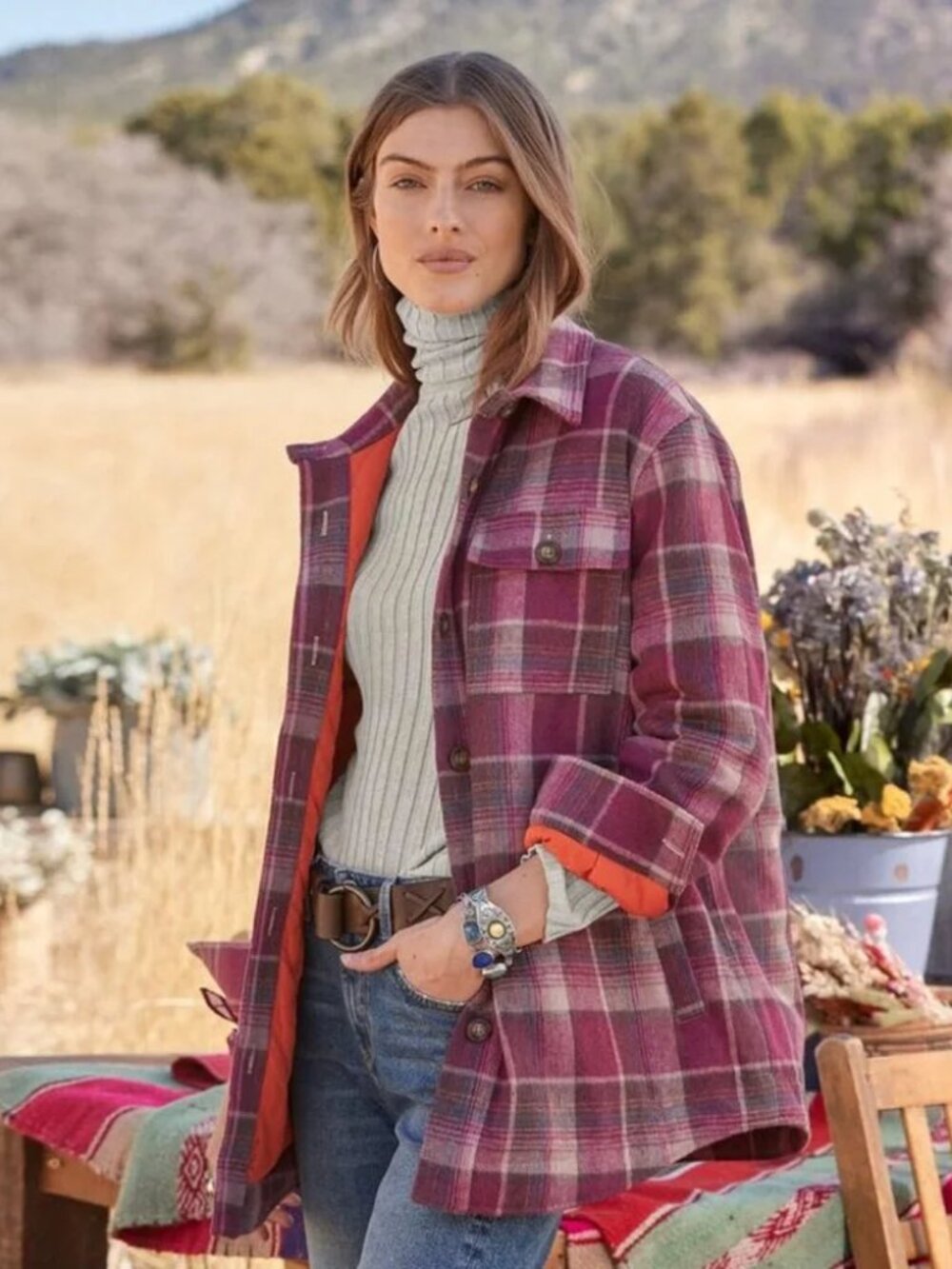 Sundance Catalog Quilt Lined Burgundy Blue Plaid Button Up Shacket Jacket S